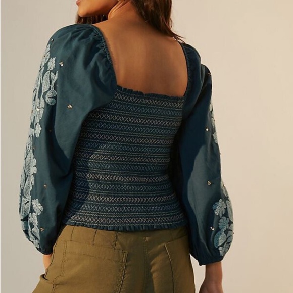 Anthropologie Boho Teal Embroidered Smocked Blouse with Puff Sleeves size Medium - Picture 2 of 10